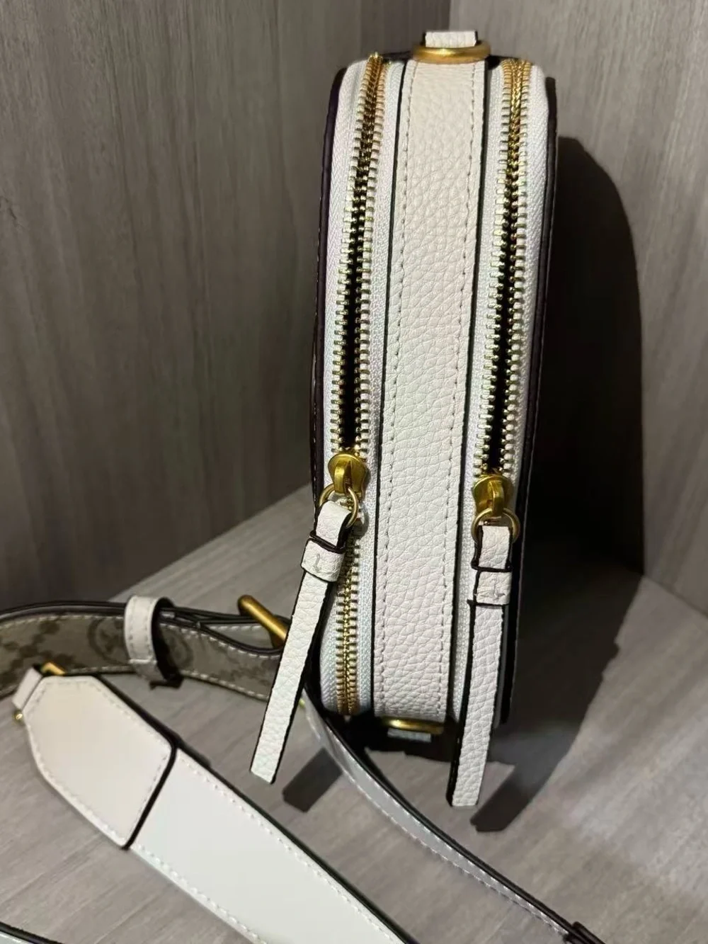 Tory Burch White Pebbled Leather Logo Crossbody with Patterned Strap